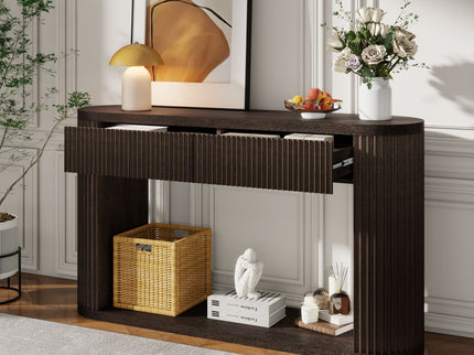 Oval Fluted Console Table With 2 Drawers And Bottom Shelf