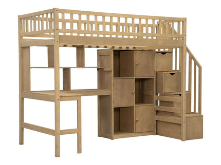 Loft Bed With Built In L Shaped Desk, LED Lights, Storage Shelves, Cabinets, And Staircase