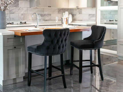 Contemporary Upholstered Wing-Back Barstools With Button Tufted Decoration And Wooden Legs, And Nailhead Trim, Leisure Style Bar Chairs, Bar Stools (Set of 2)