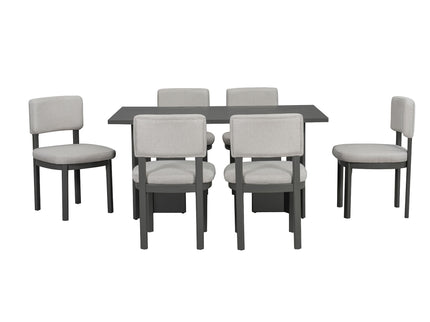 Dining Table Set With 6 Upholstered Chairs, Rectangular Table With Cutout Legs