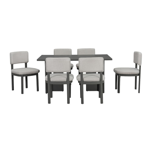 Dining Table Set With 6 Upholstered Chairs, Rectangular Table With Cutout Legs