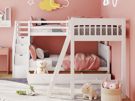 Solid L Shaped Bunk Bed With 3 Drawers, Ladder And Staircase