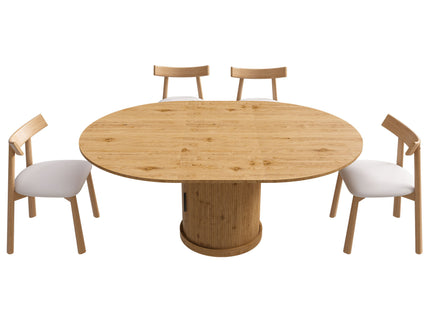 Extendable Oval Dining Table Set With 4 Cushioned Chairs, 2 Tier Storage - Oak