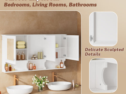 Wall-Mounted Mirror Medicine Cabinet With Adjustable Shelf And Open Shelves, Bathroom Storage Cabinet Over Toilet - White