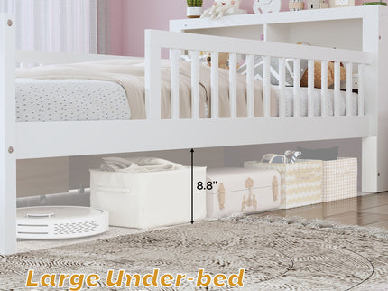 Bed With Headboard Storage Rack, 2 Under Bed Drawers, 3 Side Guardrails For Safety