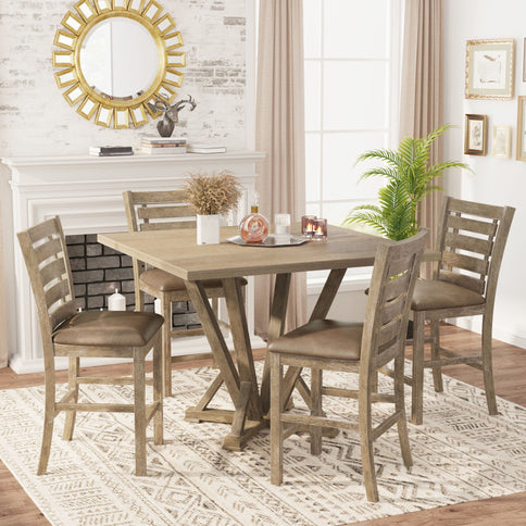 5 Pieces Set Counter Table Set Square Counter Table Solid Wood Modern Farmhouse Rustic Look Distressed Look - Grayish Brown