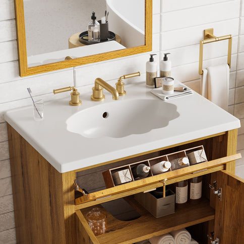 Bathroom Vanity With Seashell Resin Sink, Flip Up Storage, Soft Close Doors - Brown
