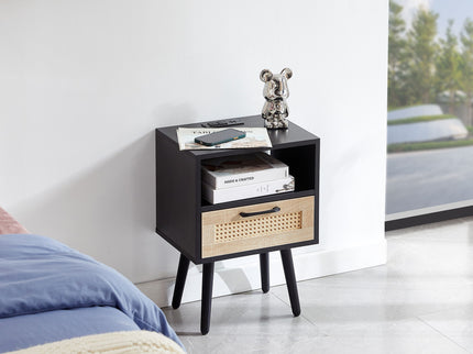 15.75" Rattan End Table With Power Outlet & USB Ports, Modern Nightstand With Drawer And Solid Wood Legs, Side Table For Living Room, Bedroom