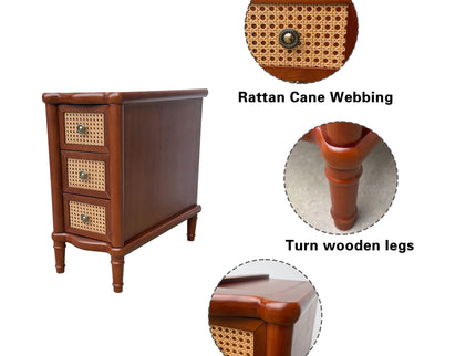 Narrow Side Table With 3 Drawers, Nightstand For Bedroom - Walnut