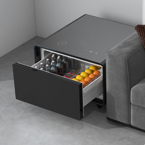 Modern Smart Side Table With Built-In Fridge, Wireless Charging, Temperature Control, Power Socket, USB Ports, Outlet Protection, Induction Light