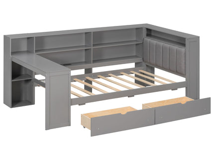 Platform Bed With Upholstered Headboard, Storage Shelves, Drawers, Charging Station, LED Lighting, Built In Desk