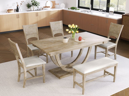 Topmax - 6 Piece Wood Half Round Dining Table Set Kitchen Table Set With Long Bench And 4 Dining Chairs, Modern Style