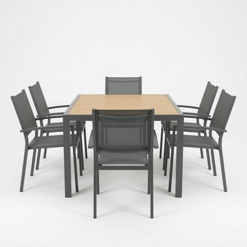 7 Piece Gray Patio Dining Set With Hdps Table And Textilene Chairs For Outdoor Use, Metal Furniture