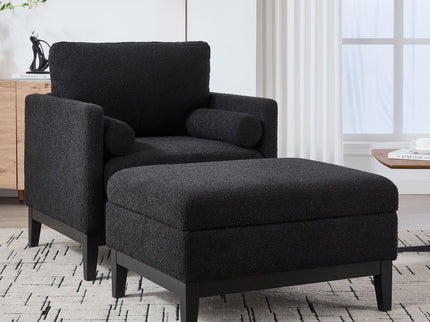 Farmhouse Upholstered Accent Chair With Ottoman, Reversible Lid Coffee Table