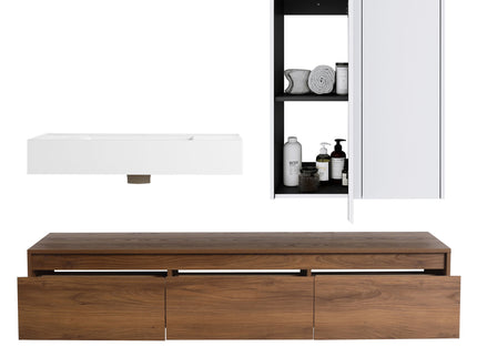 Wall Mounted Bathroom Vanity With Resin Sink And 2 Side Cabinet, 3 Soft Close Drawer - Brown Ebony