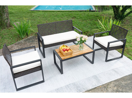 4 Piece Patio Furniture Set With Acacia Wood Table Top And Cushions