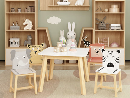 Kids Table And Chair Set With Cartoon Animals Design - White