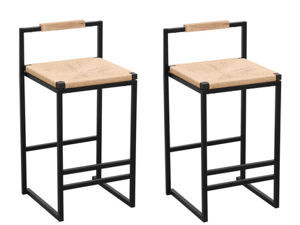 Stylish (Set of 2) Bar Stools With Backrest And Paper Rope Woven Seat, Counter Height Dining Chairs For Kitchen - Natural