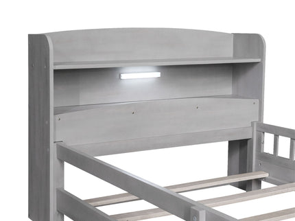 Wood Platform Bed With Built In LED Light, Storage Headboard And Guardrail
