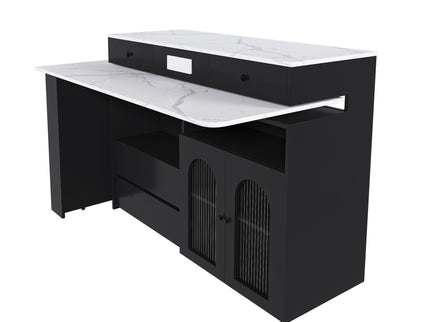 Kitchen Island With Extendable Rotating Table, 4 Drawers & Glass Door Cabinets, Built In Socket - Black