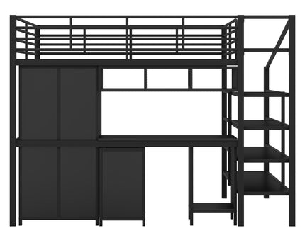 Full Size Loft Bed With Desk Set And Wardrobe - Black