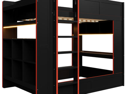 Full Size Gaming Bunk Bed With Desk, Storage Shelves, LED And Charging Station - Black