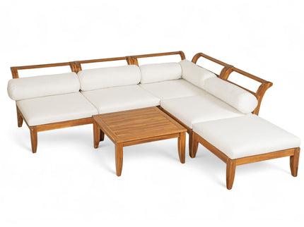 6 Piece Patio Sofa Set, Acacia Wood Outdoor Modular Sectional Garden Furniture Set L Shaped Conversation Set, Convertible Daybed With Tea Table, Ottoman, 5 Cushions And Pillows - Teak / Beige