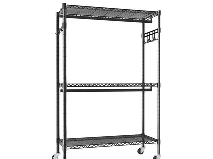 Heavy Duty Rolling Clothes Rack With 3 Tier Shelves, 2 Rails & Side Hooks, Adjustable Freestanding Organizer Metal - Black