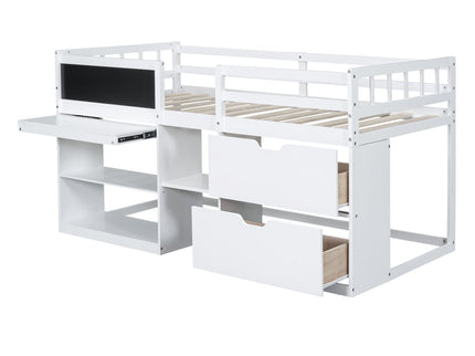 Low Loft Bed With Rolling Desk, Shelf And Drawers