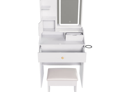 LED Vanity Mirror With Stool, 2 Drawers & 5 Storage Cabinets, Adjustable Lighting Mdf Dressing Table For Bedroom - White