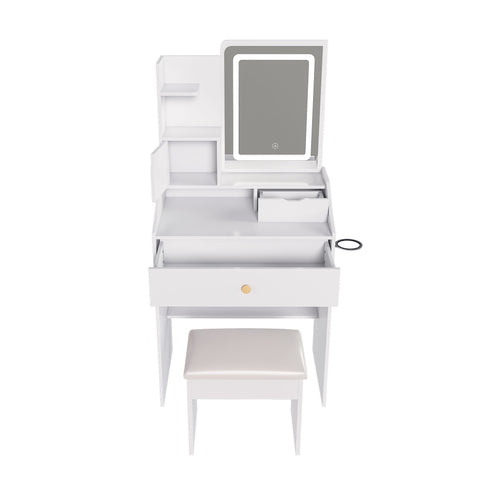 3 Color LED Vanity Mirror With Stool, Dressing Table For Bedroom, 2 Drawers & 5 Storage Cabinets (4 Open + 1 Hidden), Adjustable Lighting - White