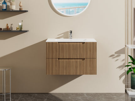 30" Wall Mounted Bathroom Vanity With Sink, Soft Close System, And Spacious Drawers - Walnut