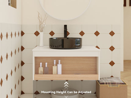 Floating Bathroom Vanity With Vessel Sink With Open Shelf Storage
