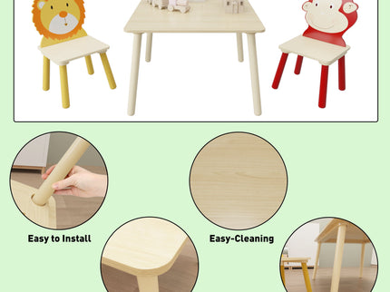 Kids Table And 2 Chairs Set, 3 Pieces Toddler Table And Chair Set, Wooden Activity Play Table Set (Lion&Monkey) - Natural