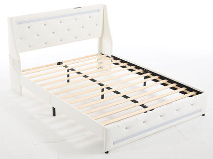 Wingback Upholstered Bed Frame With LED Lights, Charging Station