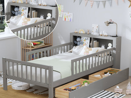 Bed With Headboard Storage Rack, 2 Under Bed Drawers, 3 Side Guardrails For Safety