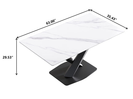 63" Modern Artificial Stone Straight Edge Metal X-Leg Dining Table, 6 People - White / Black