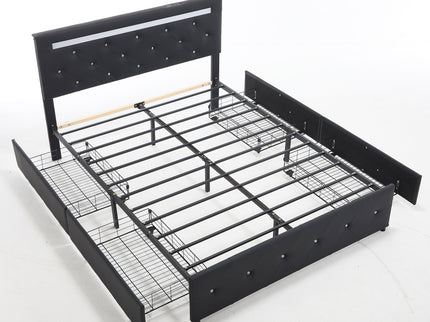 Upholstered Bed Frame With LED Lights, 4 Storage Drawers, Charging Station