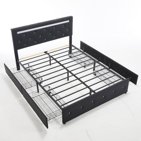 Upholstered Bed Frame With LED Lights, 4 Storage Drawers, Charging Station