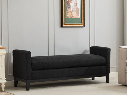Elegant Upholstered Bench, Daybed, Ottoman With Wood Legs & 2 Bolster Pillows - Black Boucle