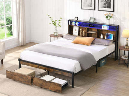 Modern Metal Platform Bed Frame With Wooden Headboard, USB Charging Station, Storage Drawers