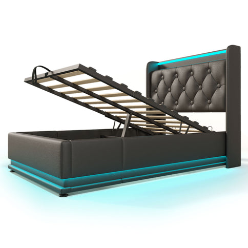 Upholstered Bed, 360 Surround LED Function, Remote Control, Hydraulic Storage Bed With USB, Type-C Charging (Without Mattress)