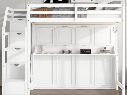 Full Long Loft Bed With Storage Staircase, Murphy Bed, LED Light - White
