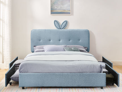Upholstered Bed With Oversized Rabbit Ear Headboard, LED Lights & 4 Storage Drawers