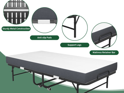Twin Folding Bed With Memory Foam Mattress Portable Rollaway Bed Sturdy Metal Frame - Brushed Nickel