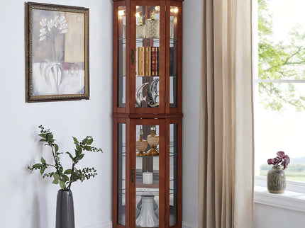 Corner Curio Cabinet With Lights, Adjustable Tempered Glass Shelves, Mirrored Back, Display Cabinet (E26 Light Bulb Not Included)