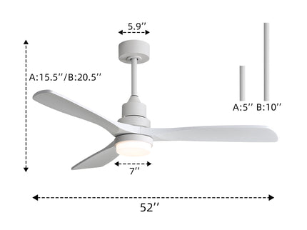 52" Blade Ceiling Fan With Remote Controlled LED Light And Quiet DC Motor - White