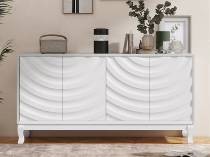 Elegant Sideboard With Sophisticated Wavy Pattern Doors And Arched Groove Design, Adjustable 4 Door Layout