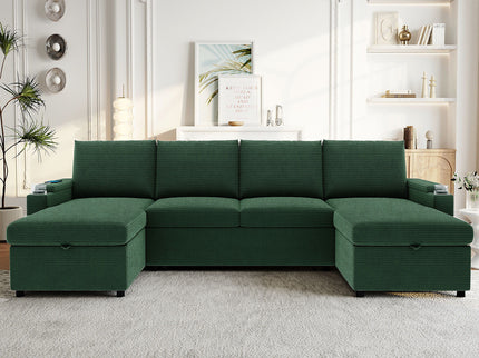 U Shaped Sectional Sofa Bed With Storage Chaise Lounges, USB Ports, And Cup Holders