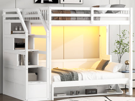 Full Long Loft Bed With Storage Staircase, Murphy Bed, LED Light - White